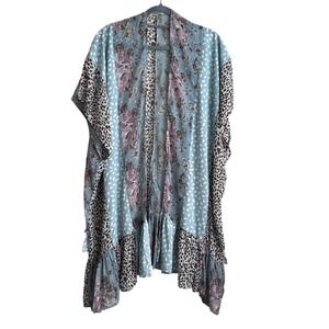 Umgee Women Kimono Cardigan S/M Blue Mixed Print Ruffle Hem Boho Artsy Patchwork